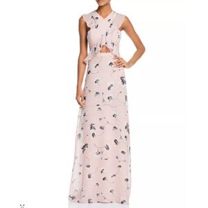 BCBGMAXAZRIA Pink Ruffle Cross Front Pink Floral Maxi Gown 0